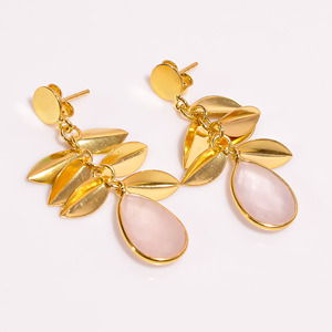 Wholesale 925 <b>Sterling</b> <b>Silver</b> Dangle <b>Stud</b> Earrings Rose Quartz Gemstone Gold Plated Handmade Classic Design Wending Fine <b>Silver</b> - Product Image 1