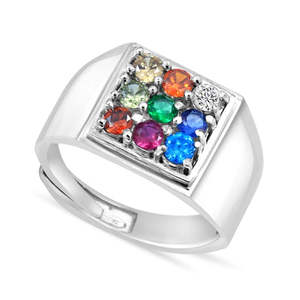 Anillo de Plata 925 para Hombre Zarkan con Diamantes Americanos Navratna, Estilo Geométrico Romántico Ovalado en Platino y Rodio para Uso Diario - Product Image 1