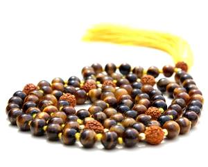 Collar de Cuentas de Ojo de Tigre y Rudraksha, 108 Nudos, Joyería de Yoga, Hecho a Mano por Artistas Indios, Estilo Bohemio - Product Image 5