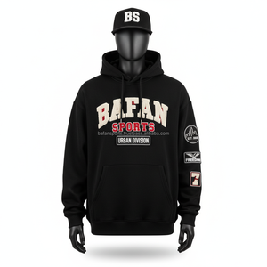 Sudadera con capucha de alta calidad de 350 GSM en color negro con logotipo frontal de chenilla y múltiples bordados personalizados. - Product Image 1