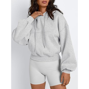 Sweat court pour femme avec garnitures côtelées sur la manchette col rabattu manches longues cordon pull à capuche haut court - Product Image 4