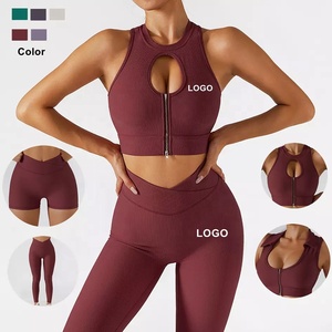 Ensemble de yoga de fitness athlétique pour femmes soutien-gorge à bretelles et leggings respirant vêtements de sport motif solide costumes de yoga 2 pièces - Product Image 6