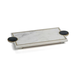 Nouveau plateau de service en marbre blanc avec incrustation en laiton, poignée en métal, style américain, écologique, fait main, plateau de mariage - Marque TQC - Product Image 1