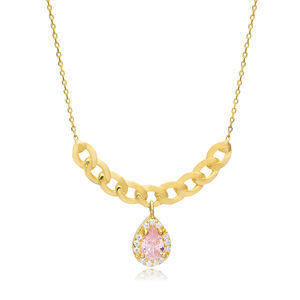 Forma ovalada cuarzo rosa CZ piedra brillante encanto collar 925 joyería de plata colgante al por mayor turco - Product Image 3