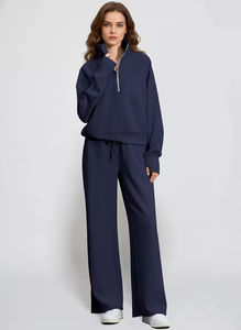 Winter Womens Solid Streetwear Stand Collar Anti-pilling Zipper Long-Sleeve Sweatshirt Wide-Leg Pants Two-Piece <b>Set</b> - Product Image 3