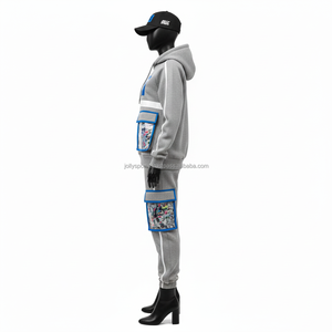 Conjunto Deportivo de Felpa Premium para Mujer, 320 GSM, Algodón y Poliéster, Gris con Paneles Azules, Sudadera con Capucha y Pantalones Jogger, Logotipo Personalizado, Tallas Grandes - Product Image 3