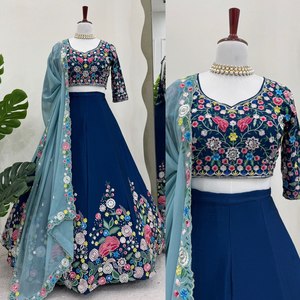 El diseñador indio más vendido tradicional Chinon seda Lehenga Choli con bordado para Bodas de fiesta de verano incluye Dupatta - Product Image 5