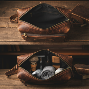 Trousse de toilette en cuir véritable rustique Sac de rasage pour hommes Organisateur en cuir vintage Trousse de toilette pour hommes pour voyageurs - Product Image 4
