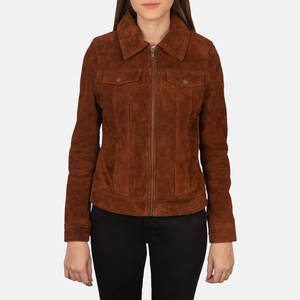 Women's Brown Suede Moto Jacket With Zipper Closure Turn-<b>Down</b> Collar Full Sleeve Autumn Style - Product Image 4