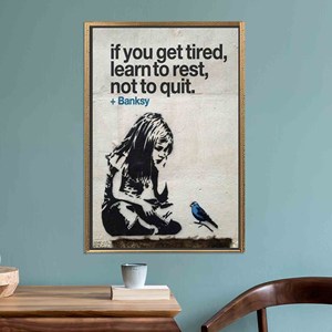 Printed Banksy Girl with Bird Canvas: Elegant Wall Decor,GOLD <b>FRAMED</b> CANVAS - Product Image 1