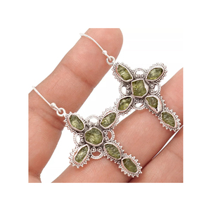 Pendientes de piedra en bruto de moldavita checa auténtica, Pendientes colgantes de Cruz de Plata de Ley 925 con piedras preciosas de moldavita, joyería hecha a mano - Product Image 3