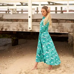 Ropa Mujer 2024 último diseño de vestido femenino Color naranja pájaro flor estampado cuello en V línea manga larga Maxi vestido - Product Image 1