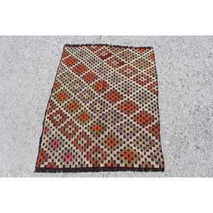 Vintage Turkish Kilim Rug 2.7x3.7 ft, <b>Brown</b> Small Polka dot <b>Wool</b> Rug - Product Image 1