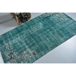 Vintage 3ft 4in X 6ft 5in tapis en laine turque vert et rose Patchwork tissage plat pour les décorations de salon avec support en Latex - Product Image 2