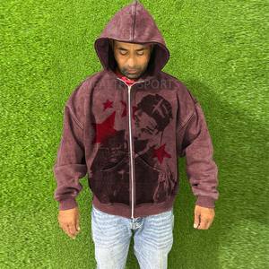 Thermal 500 Gsm Custom Vintage <b>Red</b> French Terry Oversized Blank <b>Hoodies</b> <b>Men</b> Sweatshirts Acid Washed Distressed Zipper <b>Hoodies</b> - Product Image 1