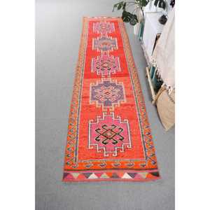 พรมขนาด 3x12.1 ฟุต, พรมวินเทจแบบ Runner, พรมสีแดง Herki แบบเรียบ - Product Image 1