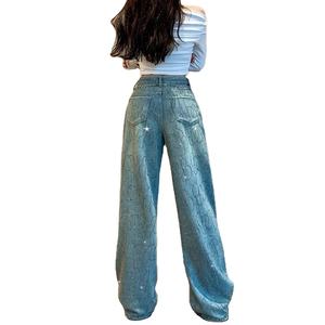 กางเกงยีนส์ทรงขาบานเอวสูงประดับเพชรสำหรับผู้หญิง ผ้ายืด ระบายอากาศ แฟชั่น กางเกงขายาวทรงกว้าง - Product Image 3