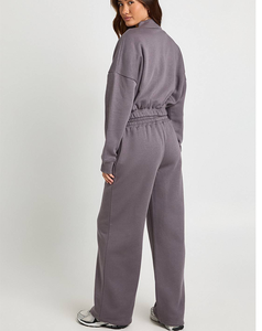 Vêtements en gros pour femmes, ensemble de jogging à taille élastique, ensemble de fitness d'hiver, haut court à fermeture éclair, fermeture à cordon, jambe droite, ensemble 2 pièces - Product Image 3