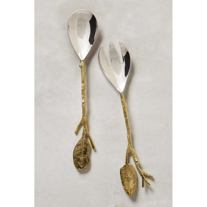 Salade lavable au lave-vaisselle miroir or poli cuillère fourchette service à salade ensemble avec conception Premium poignée en céramique verte serveur à salade - Product Image 4