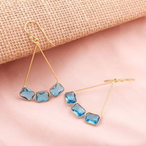 Minimalist baguette shape gemstone dangle <b>earring</b> swiss blue hydro quartz drop dangle <b>earring</b> brass gold plated handmade <b>earring</b> - Product Image 4