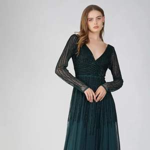 Modesto dulce vestido de novia de gasa verde brillante mano con cuentas cristales bordados Vintage A-Line silueta cintura Natural - Product Image 1