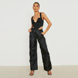 Pantalones cortavientos deportivos, pantalones Cargo de verano personalizados, pantalones al por mayor, pantalones de mujer de tela negra, pantalones informales de cintura media - Product Image 1
