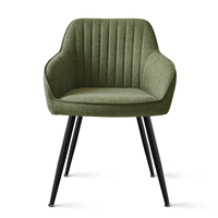 Chaise de salle à manger moderne verte avec dossier et accoudoirs solides, assise rembourrée en tissu et structure en métal noir pour salle à manger et salon