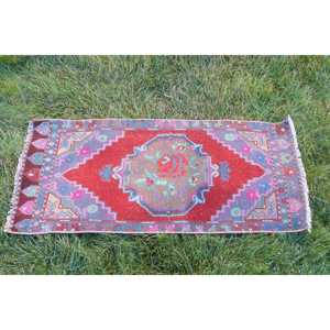 Turkish Rug 1.8x3.3 ft, <b>Red</b> Blue Southwestern <b>Wool</b> Vintage Rug - Product Image 4
