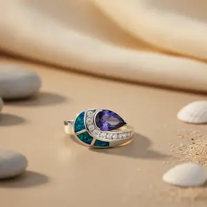 Bague en argent 925 pour femme, Tanzanite, Opale, Zircon, Pierres précieuses certifiées IGI, plaqué rhodium, incrustation de pierres naturelles, bijou élégant, cadeau - Product Image 1