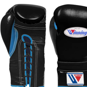 ถุงมือชกมวยแบบผูกเชือก Winning สีดำ-ฟ้า หนังพรีเมียม สำหรับการแข่งขันมวย ฝึกซ้อม และสปาร์ริง คุณภาพงานแฮนด์เมด ขนาด 8 ออนซ์ - Product Image 2