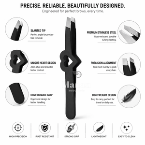 Pinzas para Cejas Negras de Acero Inoxidable con Punta Inclinada, Herramienta de Belleza para Depilación de Precisión, Agarre en Forma de Corazón Antideslizante - Product Image 2