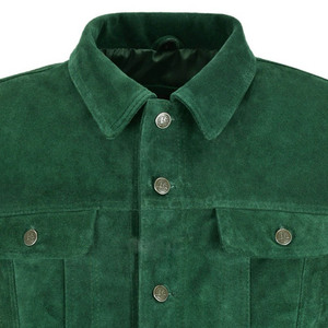 <b>Men's</b> Suede <b>Trucker</b> <b>Jacket</b> with New Fashion Shirt Style Real Cowhide Green Leather <b>Jacket</b> - Product Image 3