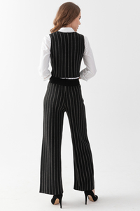 Traje de punto a rayas para mujer de alta calidad, cómodo y elegante, chaleco con botones, conjunto de pantalones, traje de punto para el trabajo, Diario, reuniones - Product Image 3