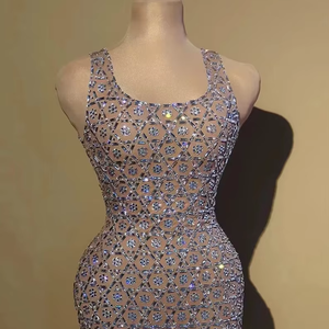 Robe de soirée pleine longueur pour femme élégante Robe de cocktail respirante en poly maille brodée de perles sans manches pour les fêtes - Product Image 1