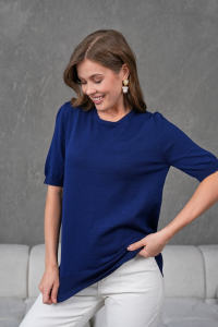 Camiseta de blusa de punto de manga corta con cuello redondo para mujer, cómoda y elegante, transpirable, detalle de botones, servicio OEM de alta calidad - Product Image 2
