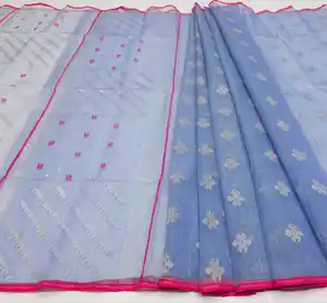 Exclusivo de moda Deshi Dhakai Jamdani Sharee calidad de exportación para mujeres JAMDANI tela azul verde dorado cielo azul de Bangladesh - Product Image 1