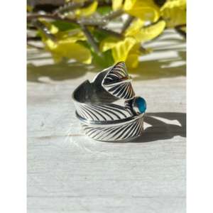 Kingman Turquoise <b>Sterling</b> <b>Silver</b> Feather <b>Ring</b> <b>Adjustable</b> Size Rose Gold Plated Bezel Setting Trendy Gift - Product Image 3
