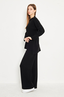 Conjunto de Suéter de Punto con Cuello en V para Mujer, Corte Holgado, Color Negro Sólido, Pantalones Largos Casuales, Transpirables, para Todas las Temporadas