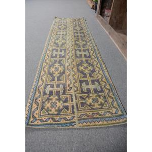 Tapis Turc Vintage 1.6 X 5.6ft Bleu Vert Patchwork Design Fait Main Laine Latex de Haute Qualité pour Salon Rectangle Couloir - Product Image 2