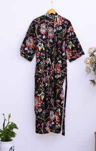 Kaftan traditionnel en coton imprimé bloc à la main pour femme Style bohème avec dentelle et bouton décor à manches - Product Image 5