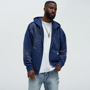 Sudadera con Capucha Oversize de Mezclilla para Hombre, Estilo Vintage con Lavado Ácido, Diseño Distressed Streetwear con Cremallera y Pedrería, 100% Algodón - Product Image 2