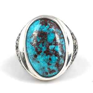 Bague ovale pour homme en argent sterling 925 gravée à la main avec pierre turquoise véritable certifiée GRS, bijou artisanal en grappe, 15 g, Turquie - Product Image 2