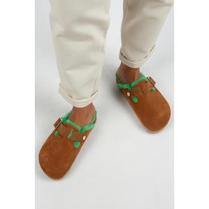Zeta Shearling da donna con fibbia in vera pelle e pelle pelosa con cintura pantofole in pelle scamosciata senape