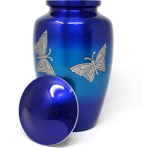 โกศโลหะสีฟ้าสลักลายผีเสื้อสำหรับขี้เถ้าของมนุษย์ออกแบบตกแต่งได้ตามต้องการขนาด - Product Image 3