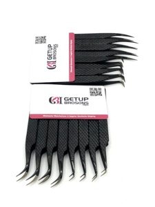 Pinzas de extensión de pestañas con aislamiento de punta de fibra de 90 grados de Plasma negro curvo Herramientas de belleza con logotipo personalizado de acero inoxidable de 45 grados - Product Image 2