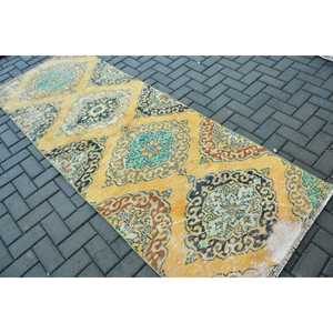 3.2x8.6 ft Vintage Rug, Turkish Runner Rug, <b>Yellow</b> Green Plants & trees Rug - Product Image 4