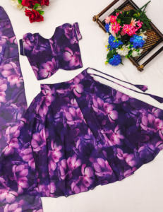 Ensemble moderne Shoryam Fashion en mousseline de soie violette à motifs floraux, style Lehenga Choli, pour enfants et jeunes filles, idéal pour les fêtes et mariages, longueur ras du sol, séchage rapide, tenue ethnique - Product Image 2