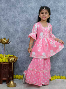 Traje Sharara de algodón rosa para niñas de 1 a 12 años Ropa de fiesta india tradicional Elegante Salwar Kameez con características elásticas - Product Image 2