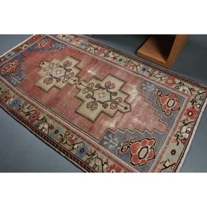 Auténtica alfombra turca de área grande 4,1 X 7.3ft hecho a mano rojo azul diseño de retazos lana látex forma rectangular para uso en la habitación del pasillo - Product Image 4