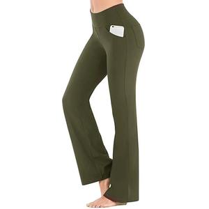 Pantalon évasé droit élastique taille haute Yoga poches décontracté vacances femmes vêtements solide basique pantalon mince pantalons longs Sport - Product Image 1